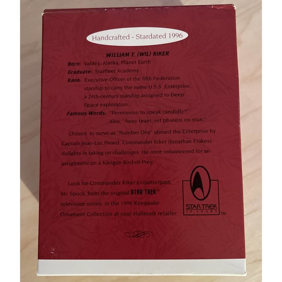 HALLMARK STAR TREK 1996 COMMANDER WILLIAM RIKER KEEPSAKE CHRISTMAS ORNAMENT NIB - Picture 2 of 2